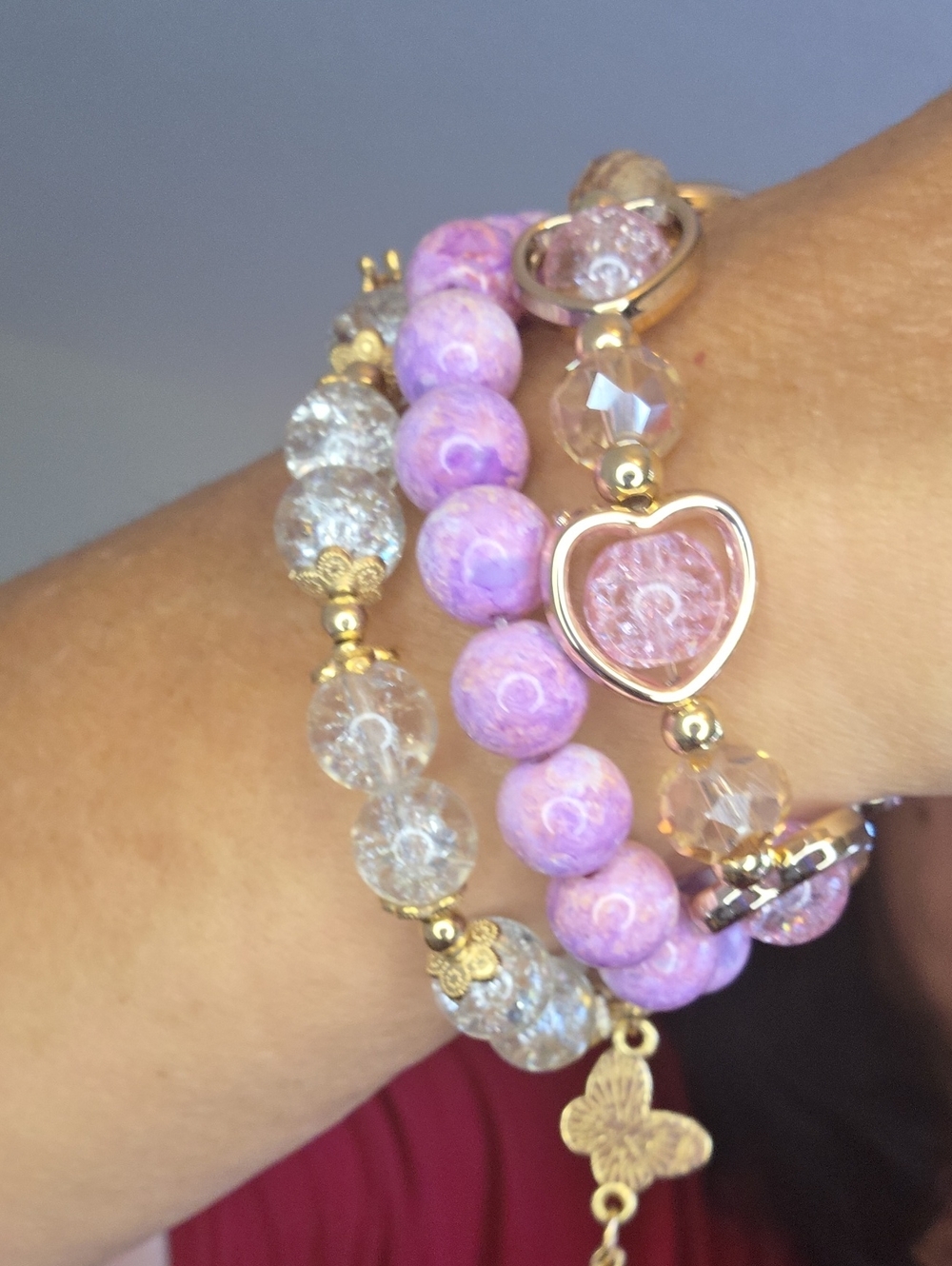 Elegant Pink Beaded Heart Charm Bracelet Set - Women Jewelry